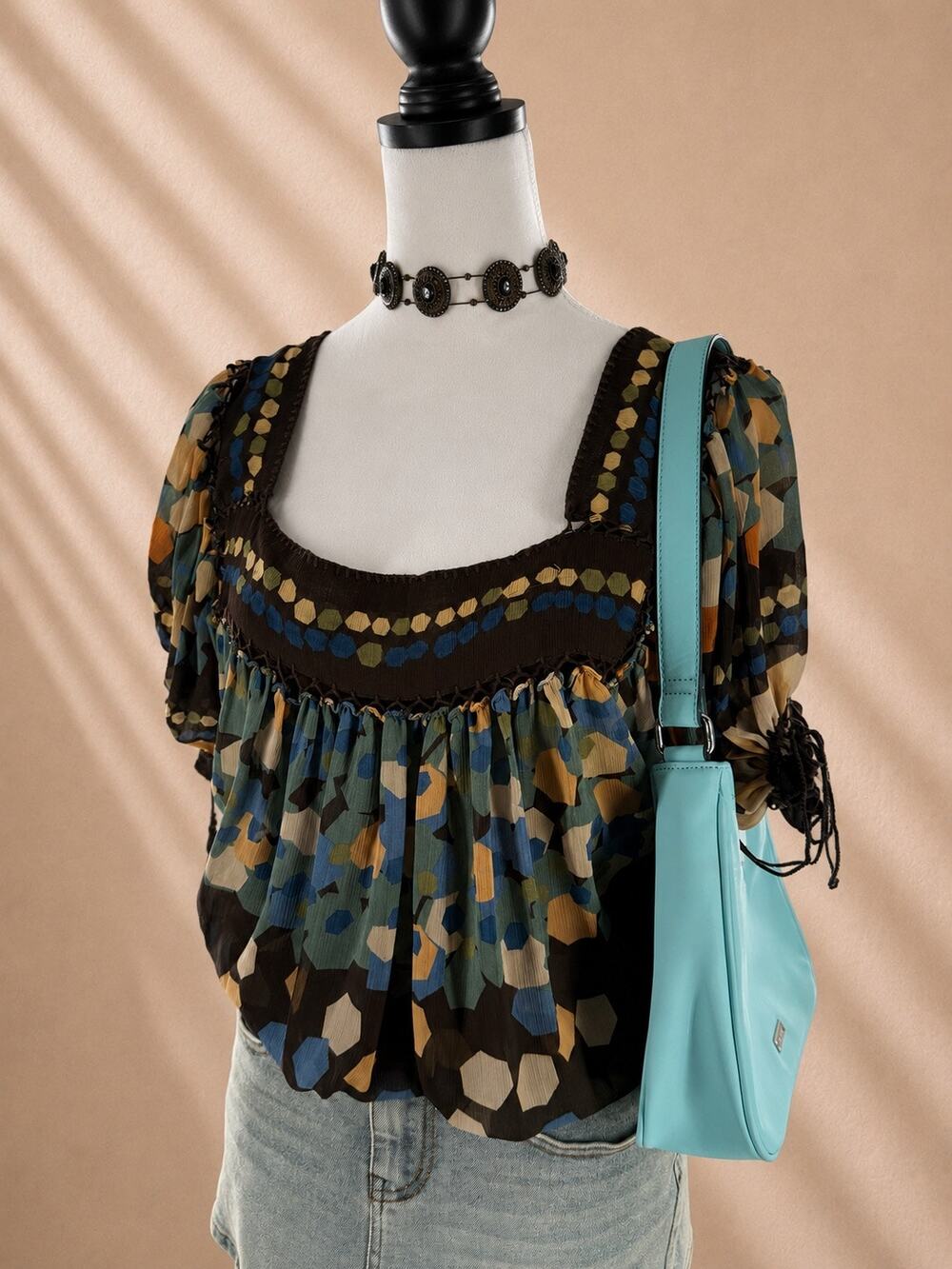 I.C.E. Y2K Boho Geometric Sheer Crochet Tunic Blouse Size L
